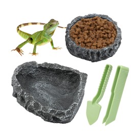 Reptile Bowls, 2 Pcs Reptile Feeding Dish with Clamp & Shovel, Resin Rock Reptile Water & Food Bowls, Amphibian Reptile Feeding Terrarium Bowls for Gecko Lizard Spider Scorpion Chameleon