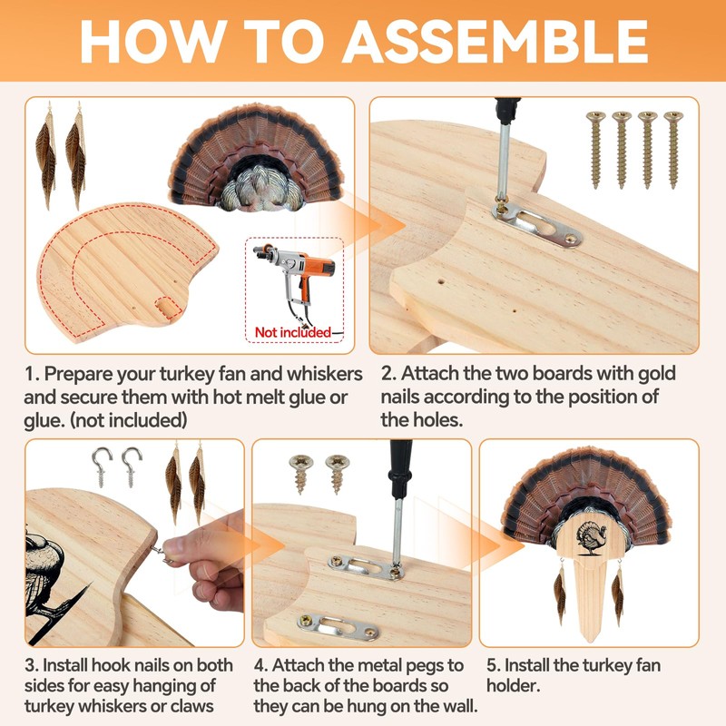 2 Pack Turkey Fan Mount Kit Wooden Wall Mounted Turkey