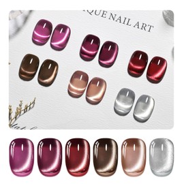 JODSONE Jelly Cat Eye Gel Nail Polish Set Purple Red Sliver Collection 6 Colors for Holographic Glitter Cat Eye with Magnet at Home DIY Design Gift for Girls