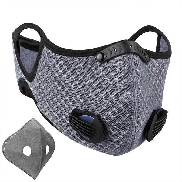 NUÜR Face Mask with Dual Air Filtration Valves, Soft Plastic Nose Clip and Strap for Protection, One Extra Replaceable Filter Provided, Washable, Cycling, Running, Grey