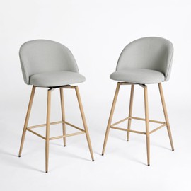 Homy Casa Set of 2 Counter Height Bar Stools, 360° Swivel, Gray Upholstered Seat with Oak Wood Print Metal Legs – Ideal for Kitchen, Dining Room, and Bar – 26” Seat Height