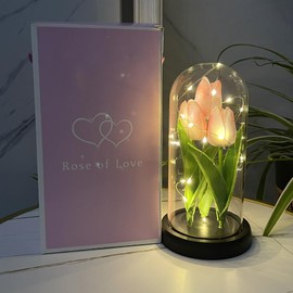YUNBIAOSEN LED Tulip Lamp Artificial Flower Night Light Handmade Light up Tulips in Glass Dome Table Lamp Ornaments Desktop Decor - Battery Operated (Pink)