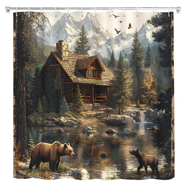 Rustic Bear Shower Curtain Farmhouse Cabin Hunting Wildlife Mountain Stream