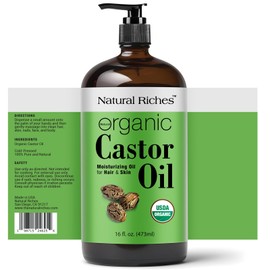 Natural Riches Organic Castor Oil Cold pressed Glass Bottle USDA certified for Dry Skin Hair Loss Dandruff Thicker Hair - Moisturizes heals Scalp Skin Thicker Eyelashes Eyebrows 16 fl oz