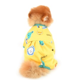 PAIDEFUL Small Dog Fleece Pajamas Pjs Stretchy Soft Doggie Pyjamas with Cute Bear Pet Jumpsuit Puppy Autumn Winter Outfits Warm Chihuahua Clothes Cats Costume D-ring,Yellow,L