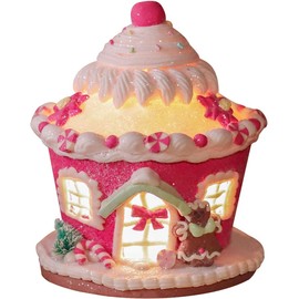 TXXCLOE 6 Inch Pink LED Christmas Gingerbread House, Battery Operated Christmas Decor with Lights, Tabletop Holiday Village House for Home Office Festive Centerpiece Gift