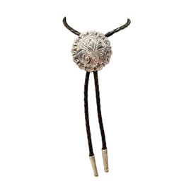 Austin Accent Western Aztec Cowboy Bolo Tie On Leather Tie String - MADE IN USA (Antique Silver Scallop)