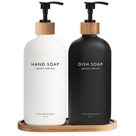 Vine Creations Glass Soap Dispenser Set, Hand Soap and Dish Soap Dispenser Set with Bamboo Tray, 16 oz Glass Dispensers Bottle for Kitchen and Bathroom Decor Modern Boho with Bamboo Pump (Black/White)