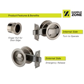 HANDLEZONE® Round Sliding Privacy Door Lock Kit – Satin Nickel Plated (SNP) – Finger Pull with Hook Lock – for Bathroom or Toilet Sliding Doors