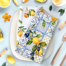 Arquiel Set of 4 Tea Towels Blue Lemon Kitchen Towels Decorative 100% Cotton 48 x 70 cm Dry Towels Absorbent Gift Kitchen Spring Summer Decoration