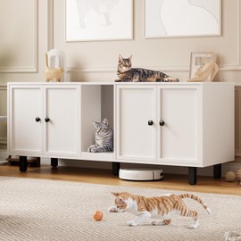 ONBRILL 59 Inches Cat Litter Box Enclosure for 2 Cats, Hidden Litter Boxes Furniture with Cat Scratch Pad, Large Indoor Pet House with Double Room, Wooden TV Stand Side Table, Off White