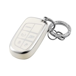 OFFCURVE Key Fob Cover with Keychain for Jeep Dodge, Soft TPU Protection Key Cover Case for Jeep Grand Cherokee Renegade Chrysler 200 300 Dodge Journey Fiat Durango Challenger Smart Key Holder, White