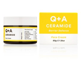 Q+A Ceramide Barrier Defence Face Cream, a face moisturiser containing Cinamides, Pro Vitamin-E, and Squalane, to improve skin moisturisation and elasticity, 50g