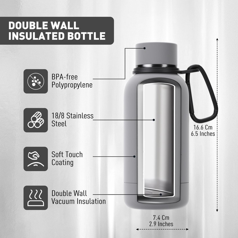 Exllena Small Water Bottle 12oz with Clip, Double Wall Stainless
