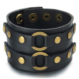 COOLSTEELANDBEYOND New Men's Black Leather Bracelet Genuine Leather Bangle with Aged Brass Rivets and Snap Button, Leather, Non-applicable