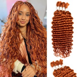 28 Inch Human Braiding Hair Deep Water Wave 4 Bundles/Pack 100g, Ginger Color Bulk Human Hair Braiding Hair for Boho Braids, Curly Wet and Wavy Braiding Boho Human Hair for Braiding No Weft