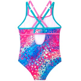 Belovance Girls Swimsuits One Piece Athletic Bathing Suit Size 13 14 Double Adjustable Straps Back Cutout Sporty Color Block Kids Children Pool Beach Swimwear Quick Dry (Rainbow Leopard, 11-12 Years)