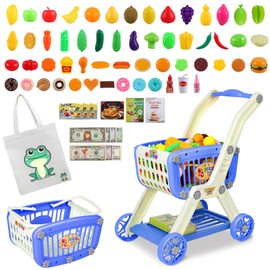 Kids Shopping Cart - 2 in 1 Toy Shopping Cart with Play Food Fruit Vegetable Dessert and Shop Accessories, 72pcs Pretend Play Grocery Store Toy Kitchen Game Trolley Play Set for Kids (Navy Blue)