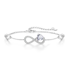 Qings Infinity Heart Bracelet Women's 925 Sterling Silver Birthstone Bracelets Adjustable Endless Love Bangle Gemstone CZ Bracelet Jewellery Christmas Birthday Gift for Girls, Sterling Silver, Zircon