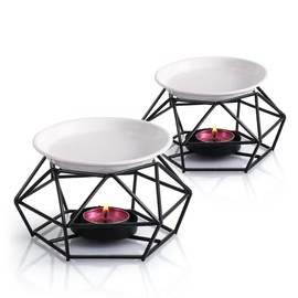 SXCHEN Essential Oil Burner for Scented Oil Tea Light Wax Melt Warmer Ceramic Tealight Wax Candle Burner Black Metal Aroma Diffuser-Set of 2