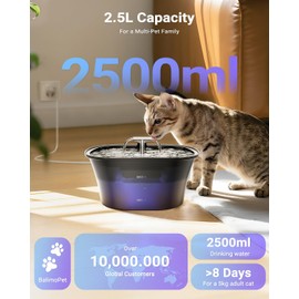 BalimoPet Cat Water Fountain for Drinking 2.5L/85oz with Dual Spouts – Automatic Cat Fountain, Ultra-Quiet Wired Pet Water Fountain with LED Light, Triple Filtration, 6 Filters & 6 Sponges Included