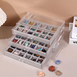 Acrylic Rock Collection Display Case with 54 Grids Storage Compartments Rock Collection Boxes Display Organizer Collection Storage Display Cases for Collectibles Crystal /Rock