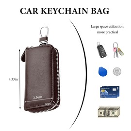 NYTKL Leather Car Key Holder Bag, Unisex Key Fob Case with 6 Hooks, Zipper Closure Keychian Case Wallet for Smart Keys (Coffee)