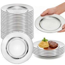 ZAVOOS 24 Pack Stainless Steel Dinner Plates, 8 Inch Metal Lightweight Unbreakable Camping Dishes, Round Reusable Serving Platter Feeding Tray for Home, Picnic, BBQ, Dishwasher Safe