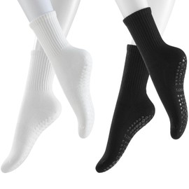 STNFAMILI Pilates Yoga Socks with Grips for Women, Non Skid Sticky Socks, Non Slip Grip Socks for Women (2 Pairs - White/Black)