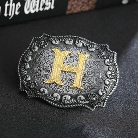 HUABOLA CALYN 2 Pieces Western Cowboy Belt Buckle Bolo tie Set for Men Golden Initial Letter ABCDMJR to Z Costume (H)