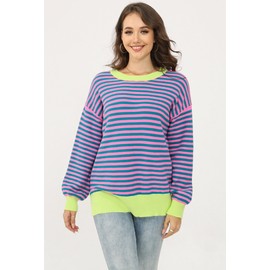 Womens Sweaters Fall 2025 Fashion Long Sleeve Color Block Oversized Sweater Trendy Casual Crew Neck Knitted Tops Pullover,Stripe Color Green,Small