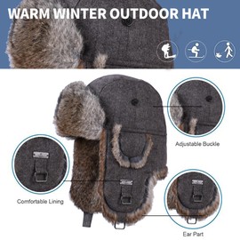 Kurhatic Winter Trapper Hat, Warm 100% Rabbit Fur Aviator Hat, Russian Trooper Hunting Ski Hat with Ear Flaps for Men & Women 2XL
