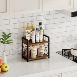 Giikin Countertop Shelf Organizer, 2 Tier Kitchen Spice Rack for Countertop, Wood Coffee Counter Shelf Organizer for Home (Brown, S)