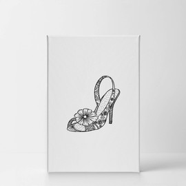 Smile Art Design Black and White Flowered High Heels Woman Shoes Glam Fashion Canvas Print Wall Art Office Bathroom Teen Girls Room Women Dorm Bedroom Living Room Wall Decor Ready to Hang 17x11
