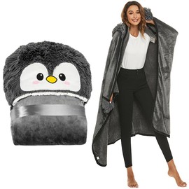 Penguin Blanket with Hood, CJBIN 152 x 125 cm Portable Blanket Penguin Gift for Women, Warm Sofa Blanket, Penguin Cuddly Blanket, Fluffy as Christmas Thanksgiving Birthday Gift for Women Girls