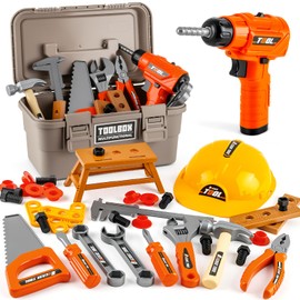 Portable Tool Box Toy Kids Tool Set 46PCS with Kid Drill & Helmet, Toddler Tool Box Construction Kit, STEM Creativity Toys for Boys Girls Ages 3-6, Montessori Play Toolbox with Drill Set Gift Ideas