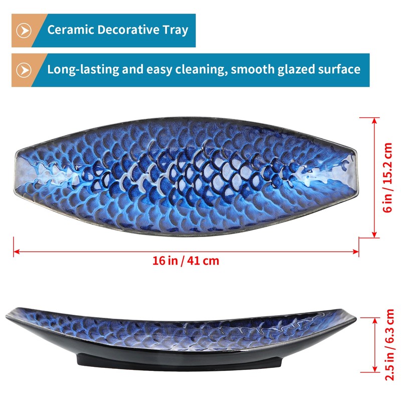 Sanbege 16" Large Ceramic Decorative Tray, Long Boat Shaped Centerpiece