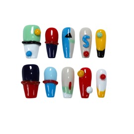 ArtiPrint Reusable Press-on Nails Geometric Patchwork with 3D Fun Cartoon,Easy to Apply & Remove, Safe for Your Nails for Women, Girls, for Daily Wear, Parties, or Casual Events (mk080, L)