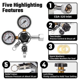 Gancowise CGA-320 Keg Regulator, Dual Gauge CO2 Pressure Regulator with 2 Swivel Nut 1/4’’ & 5/16’’ Barb, 0-60 PSI Working Pressure & 0-3000 PSI Tank Pressure