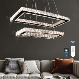 Dimmable Crystal Chandelier, Modern Rectangular 2 Ring LED Pendant Light with Remote & App Control, 20.5"+17" Adjustable Hanging Height, 3 CCT 2500K/4500K/6500K, Kitchen Island Dining Room