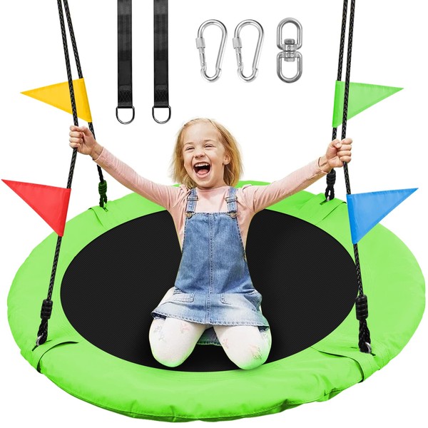 Odoland 40 inch Kids Saucer Tree Swing, Large Outdoor Chidren Round Rope Swing Installed on Tree and Backyard, 900D Waterproof Oxford Flying Saucer Platform Swing Great for 3 Kids or 1 Adult Green