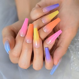 LINSSQ Colorful French Tips Press on Nails, Long Coffin False Nails, Beauty Manicure Reusable Fake Finger Multicolor Nail Art for Daily Office Party