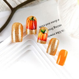 Orange Press on Nails Medium Square Fake Nails Cute Pumpkin False Nails with Glitter Design Autumn Artificial Nails Fall Acrylic Nails Thanksgiving Full Cover Glue on Nails for Women 24Pcs
