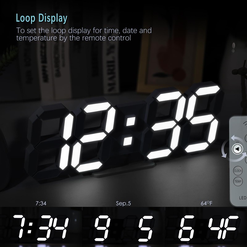 KOSUMOSU Wall Clock 15" 3D LED Digital Clock for Bedroom,Large