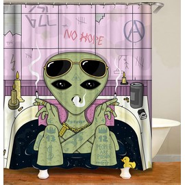 Fullfun Cool Shower Curtains Trippy Alien Smoking, 71 x 71 inches Washable Polyester Bath Curtain with Y2K Aesthetic Style, Includes 12 Wear-resistant Hooks(Alien, 180 x 180 cm)