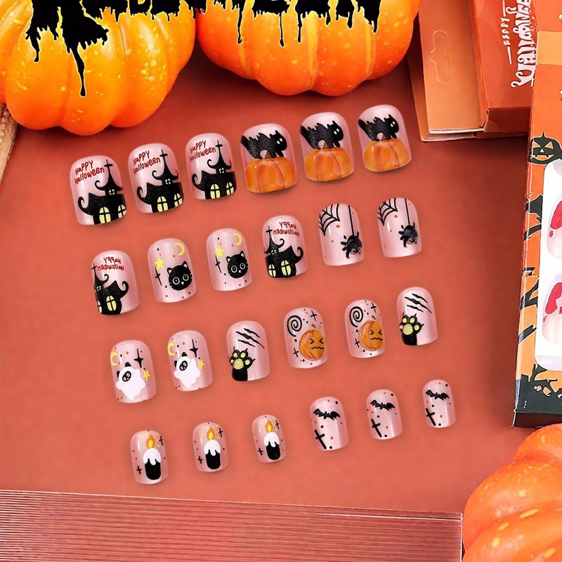 24Pcs 3D Pumpkins Short Square False Nails Halloween Press on