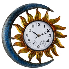 shumi Sun and Moon Outdoor Clock, Decorative Wall Clock for Patio Living Room,Silent Non-Ticking Outdoor Clock Thermometer Combo