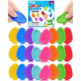 Fidget Toys Sensory Stone for Kids: 48 Pack Textured Worry Stones - Sensory Tools for Autism Kids Calming - Quiet Fidgets for Classroom Anxiety Relief - Small Prizes Travel Toys Road Trip Activities