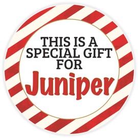 This is a Gift for Juniper - 100 Pack Circle Stickers 3 Inch - Candy Cane Merry Christmas Gift Tag Present Tree Holiday Custom Name Santa Claus