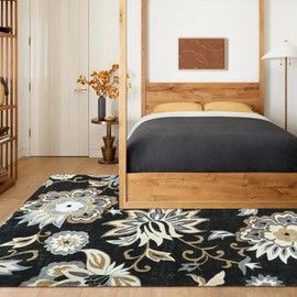 Lahome Floral Black Rug for Living Room - Washable 5 x 7 Area Rugs for Bedroom Non-Slip Ultra-Thin Large Rug Stain Resistant Dining Room Rugs, Paisley Print Accent Rugs Carpet for Office Kitchen